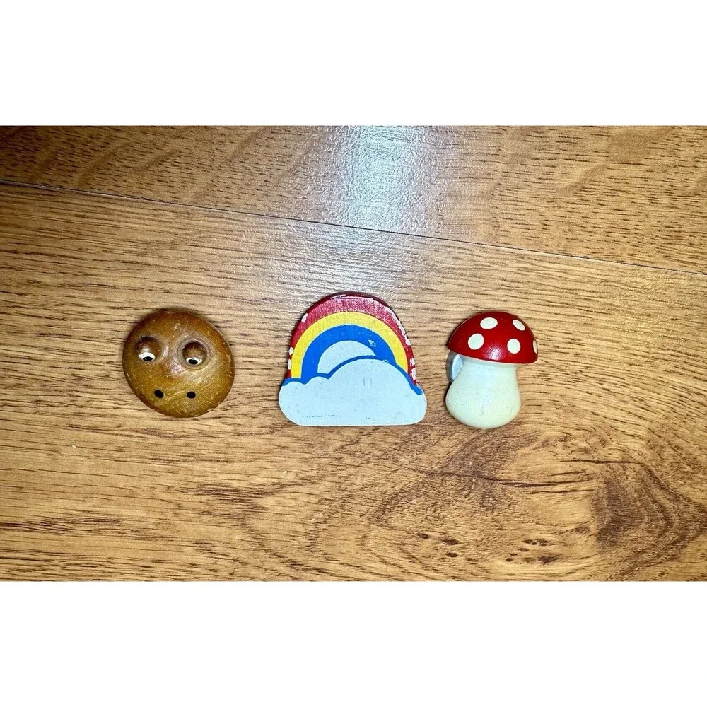 Vtg 70s Wooden Mushroom‎ Rainbow Frog Magnet Lot Retro Hippie Boho Decor Russ